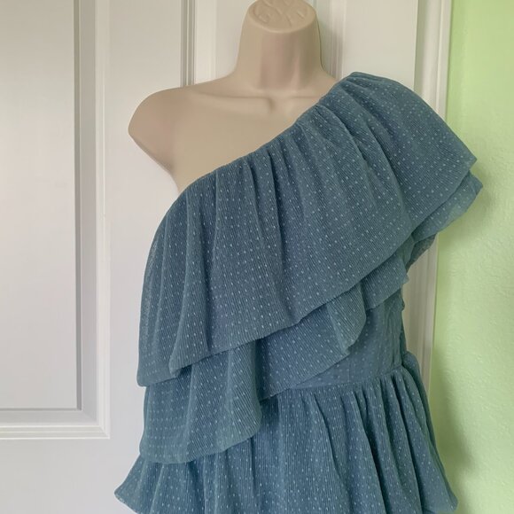 One-Shoulder Blue Ruffle Dress - Picture 3 of 15